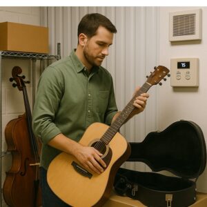 Man in a green shirt playing an acoustic guitar next to a cello and guitar case.
