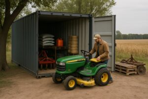 Older man on a John Deere riding lawnmower parked outside a metal shipping container.