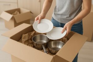 Hands carefully packing white plates and metal bowls into a moving box.