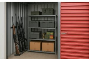 Rifles are racked and supplies are stored on shelves inside a self-storage unit.
