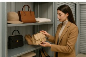 Woman organizing leather handbags and shoes on a wire shelf in a closet or storage area.