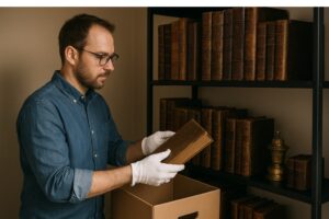 Man in white gloves placing a framed photo or small object into a protective box near a bookshelf.