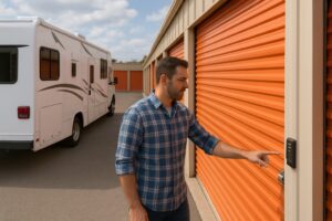 A man stands by his RV and opens an orange self-storage unit.