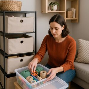 A woman is organizing items into a storage bin next to a shelf unit.