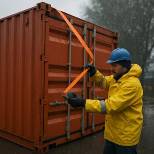 Worker in a yellow rain slicker securing a shipping container door with an orange ratchet strap.