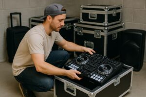 Man adjusting a DJ controller on a tripod case in a storage area with other equipment.
