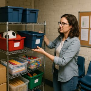 Woman in glasses organizing plastic storage bins on a metal shelf.