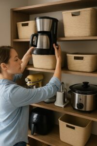 Woman organizing small kitchen appliances and woven baskets on wooden shelves.