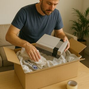 A man unpacking or carefully placing a gray electronic device into a cardboard box lined with crumpled packing paper.