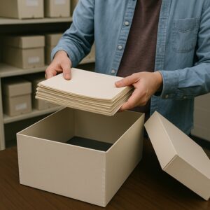 A man stacking layers of cardboard dividers or cushioning inside a large white box.
