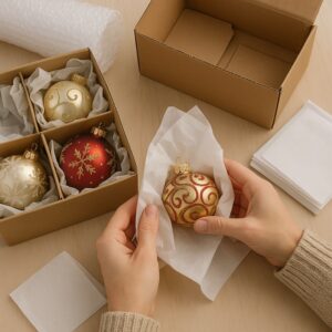 Hands wrapping a gold Christmas ornament in tissue paper and placing it into a cardboard storage box.