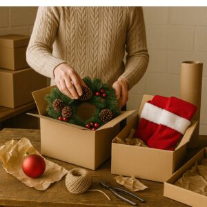 Person packing Christmas decorations, including a wreath and Santa hat, into a box.