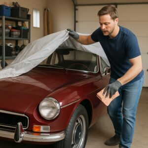 A man is uncovering a classic red car with a car cover inside a storage unit.