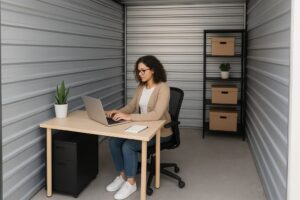 Woman working on a laptop at a desk inside a clean self-storage unit.