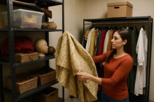 Woman inspecting a gold patterned tablecloth next to a clothing rack and storage shelves.
