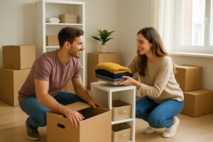 Smiling couple folding and packing clothes into a moving box on the floor of an apartment.