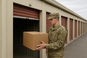 Military service member carrying a cardboard box out of a self-storage unit.