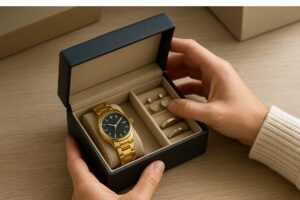 Hands open a jewelry box containing a gold watch and rings.