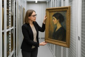 Woman in a suit hanging a framed historical portrait on a sliding art storage rack.