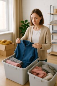 Person folding a blue zippered sweater while sorting clothes from a plastic storage bin.