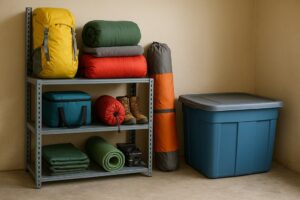 Camping gear and blue plastic tote on a storage shelf in a garage or unit.