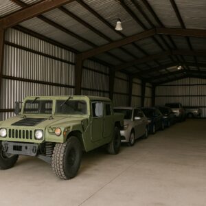 Row of military and civilian vehicles stored inside a large indoor facility or hangar.