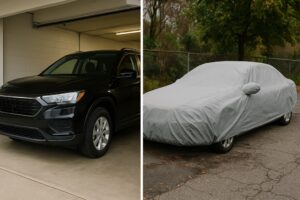 Black SUV parked in a garage next to a car covered with a gray car cover outdoors.