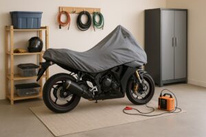 Motorcycle under a protective cover next to a battery charger and metal cabinet in a garage.