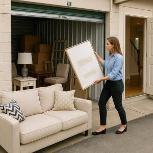 Woman carrying a framed picture toward an open self-storage unit with a couch nearby.