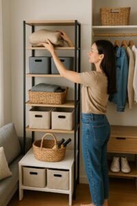 Woman reaching for an item on a small open shelf with woven baskets and clothes nearby.