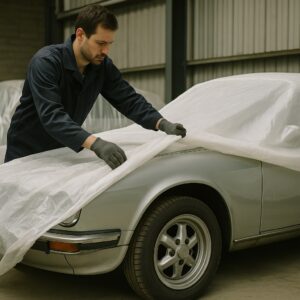 A person is covering a silver car with a clear plastic sheet.