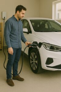 A man is plugging a charging cable into a white electric car.