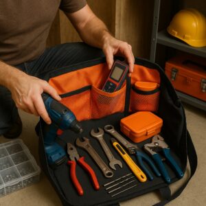 Close-up of a person reaching for tools in an open toolbox.
