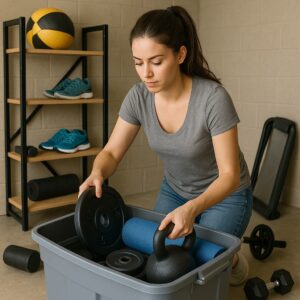 A woman is cleaning a weight plate and a yoga ball in a storage area.