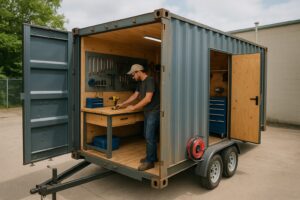 Man working at a workbench inside a mobile workshop built into a small shipping container trailer.