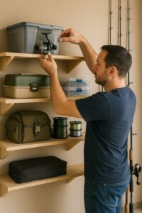 Close-up of a man organizing tackle boxes and fishing line on wooden storage shelves.