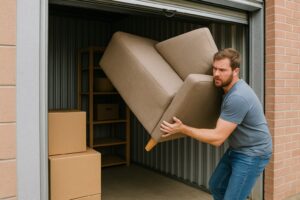 Man carrying a large couch into an open self-storage unit with stacked boxes nearby.