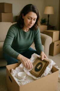Woman carefully removing wrapped glassware from a moving box in a living room.