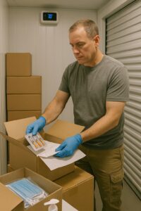 Man wearing blue gloves sorting medical or technical supplies into a moving box.