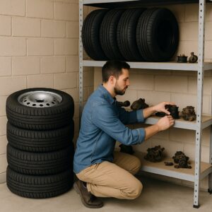 Man organizing engine parts and equipment on a metal shelf next to stacked car tires.