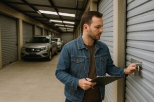 Man with a list locking a storage unit door in a large indoor vehicle storage facility.
