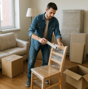Man taping and packing a chair with moving boxes in a living room.