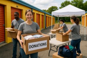 Volunteers holding a 'Donations' box outside self-storage units.