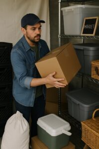 Man in a cap and denim shirt lifting a cardboard box in a storage area.