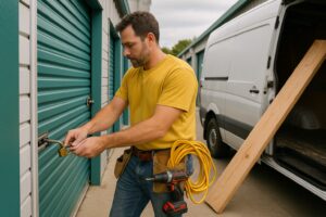 Contractor or handyman working on a self-storage unit door next to a white van.