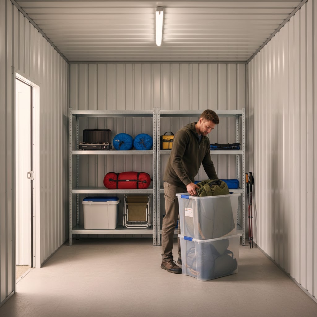 unnamed (12) Man organizing camping gear in a metal storage unit, placing items into clear plastic bins on shelves.