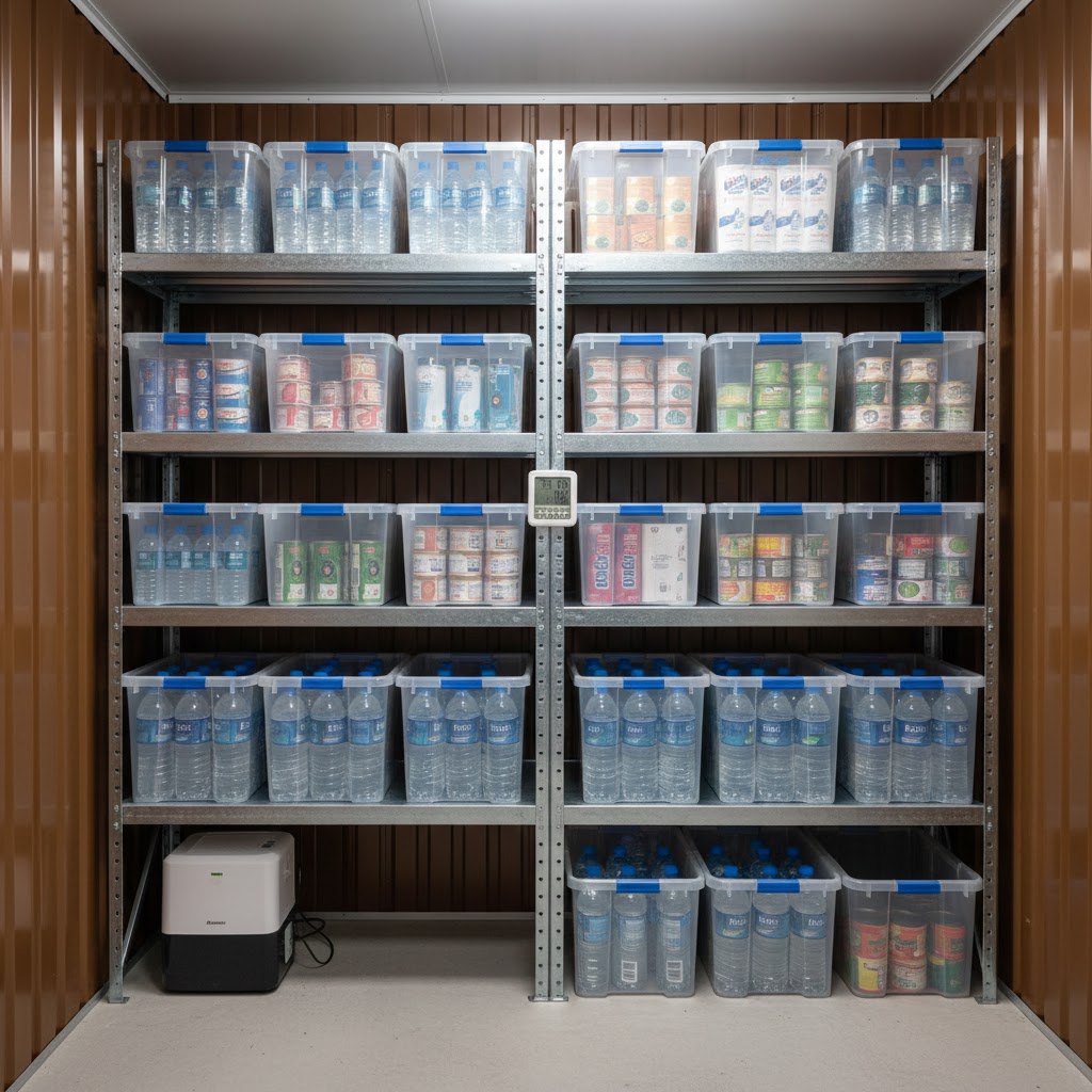 Metal shelving unit with clear plastic storage containers holding canned goods and bottled water.