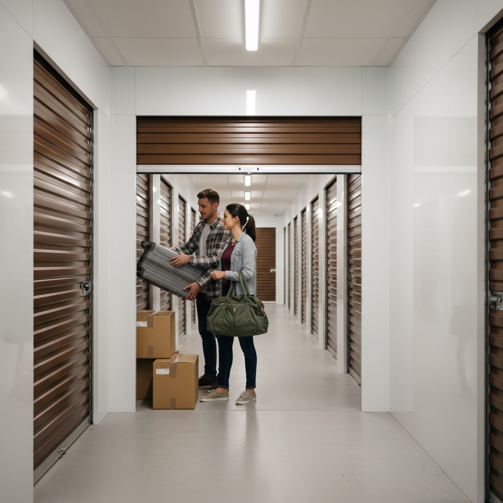A couple reviews moving boxes in a self-storage facility hallway lined with brown metal storage units on both sides.