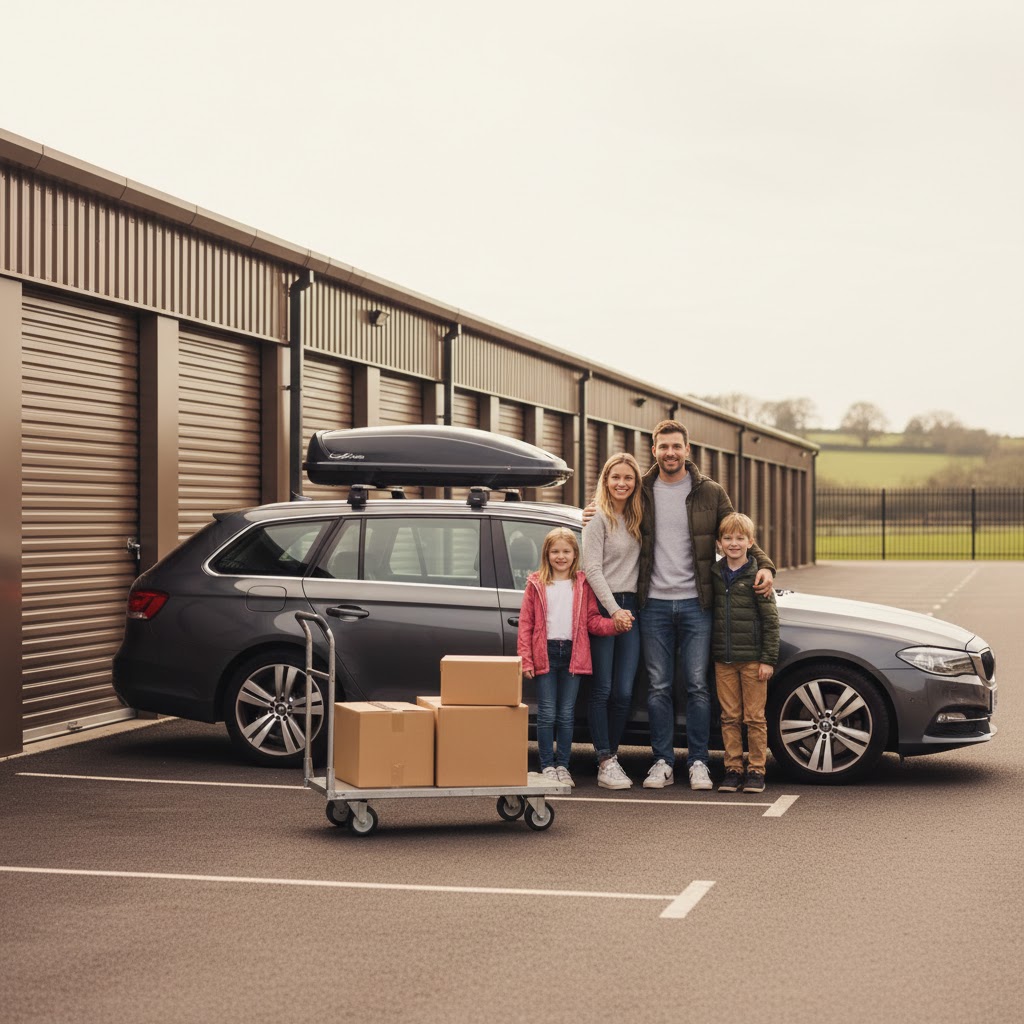 unnamed (7) Family of four standing beside a black car with roof box and storage boxes on a dolly in front of a storage unit facility.