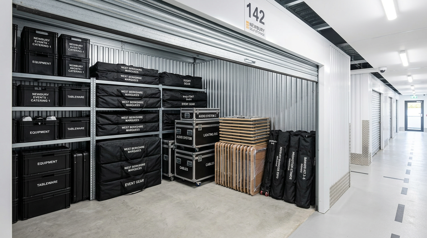 Black plastic crates stacked against the walls of an indoor storage unit